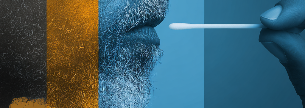 Close-up of a bearded man with a cotton swab held near his mouth, divided into colored sections.