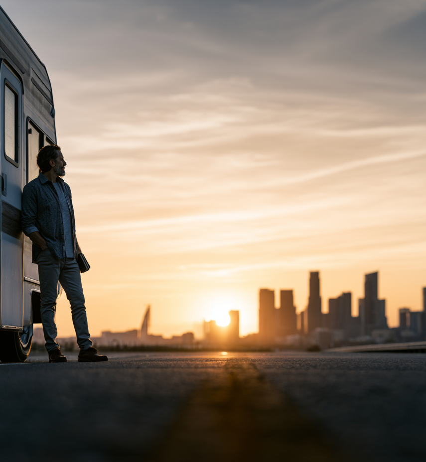 Sunset by the City Silhouette of a person leaning against an RV at sunset with a city skyline in the background.