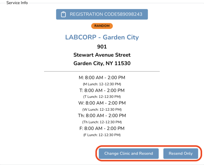 Lab test location details with address and operating hours. Registration code displayed at the top.
