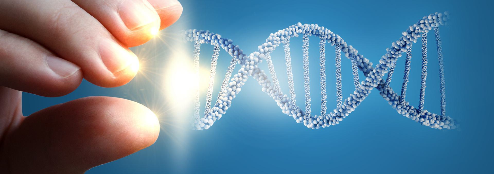 Alternative Specimen DNA Test Close-up of a hand holding a glowing light next to a digital representation of a DNA double helix on a blue background.