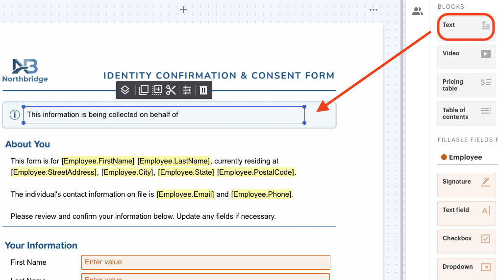 Identity confirmation and consent form template with fields for employee information, including name, address, email, and phone number. Editable text block highlighted.