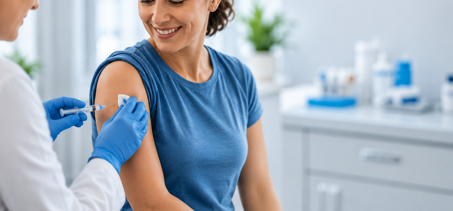 Employee Receiving an Influenza Vaccine Healthcare professional administering a flu vaccine to an employee in a clean medical clinic during a workplace vaccination appointment.