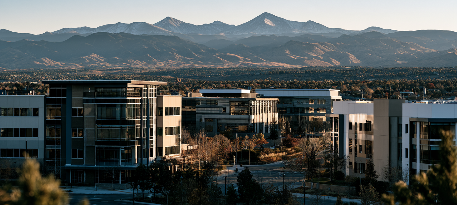 Modern office buildings with distant mountain range under clear sky.