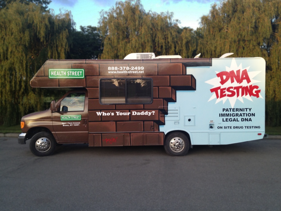 Who's Your Daddy RV by Health Street Mobile DNA testing van with 'Who's Your Daddy?' and 'DNA Testing' text, offering paternity, immigration, legal DNA services, and on site drug testing.
