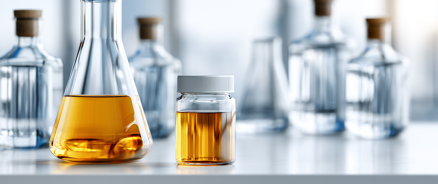 Urinalysis Laboratory Glassware and Specimen Collection Sterile urine specimen container surrounded by laboratory glassware on a polished white bench, representing a urinalysis (UA) test for occupational health screening.
