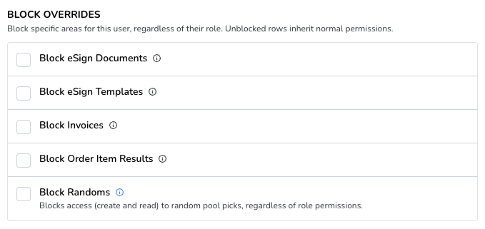 Block Overrides Options GLASS User interface showing block overrides options for eSign documents, templates, invoices, order item results, and randoms.