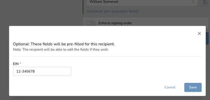 Dialog box showing pre-filled EIN field with the number 12-345678, options to cancel or save.