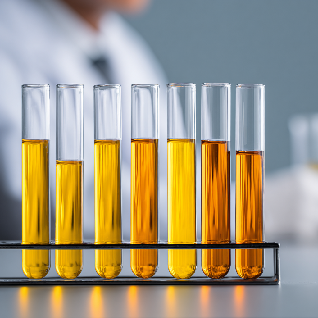 Row of test tubes filled with urine in a laboratory setting.