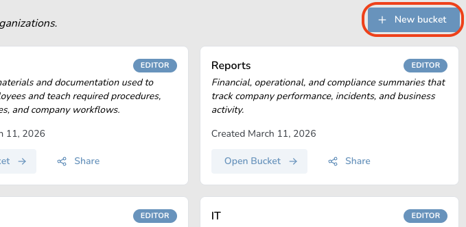 Interface showing options for creating a new bucket, with sections labeled Reports and IT.