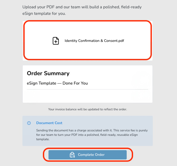 Screenshot showing a PDF upload interface for creating an eSign template, with a highlighted 'Complete Order' button.
