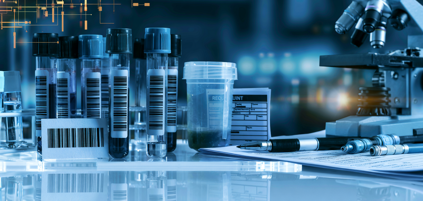 Laboratory setting with test tubes, microscope, and digital data overlay.