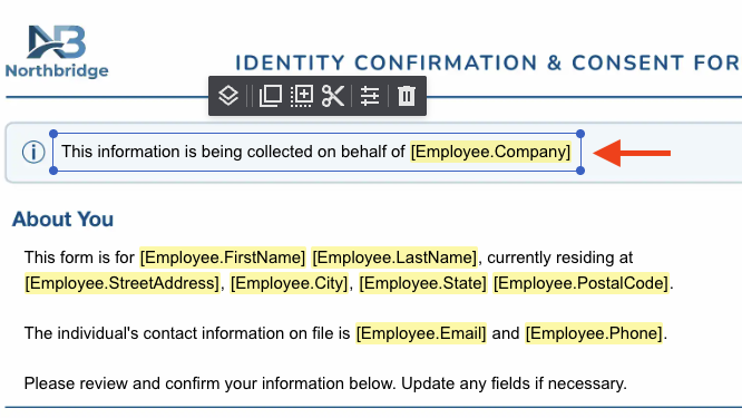 Selected variable highlighted in the GLASS eSign Template Editor.
