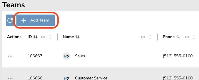 User interface showing a Teams list with an 'Add Team' button highlighted, displaying team names and contact information.