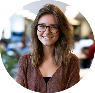 Smiling person with glasses in an office setting