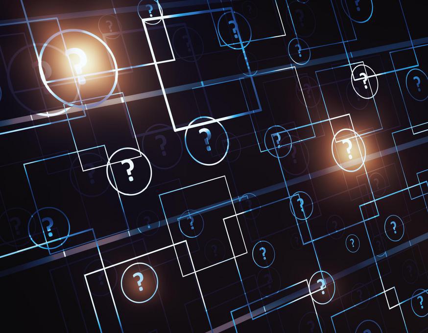 Abstract digital background with glowing question marks and interconnected lines.