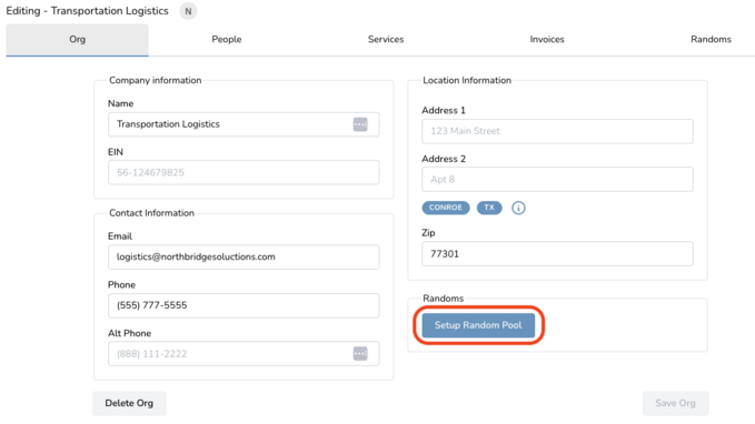 User interface for editing organization details with fields for company information, contact information, and location. A highlighted button labeled 'Setup Random Pool' is visible.
