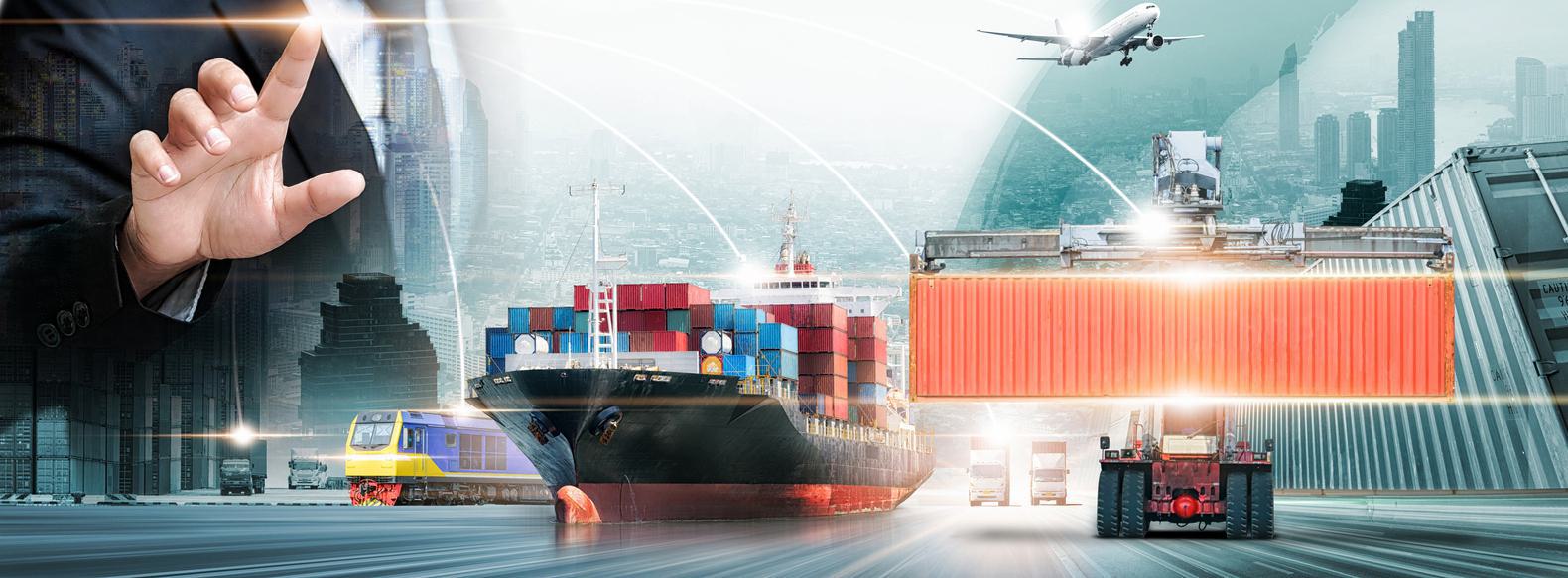 DOT Random Pool Drug Testing Collage of global logistics featuring a businessman pointing, cargo ship with containers, airplane flying over cityscape, train on tracks, and container being lifted by crane.
