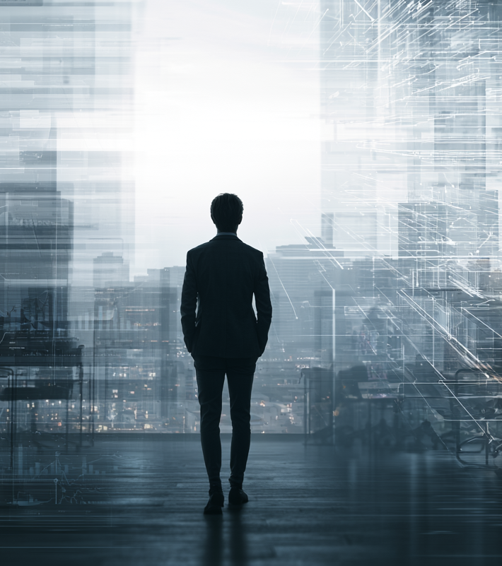 Silhouette of a person in a suit standing in front of futuristic cityscape with digital overlays and skyscrapers.