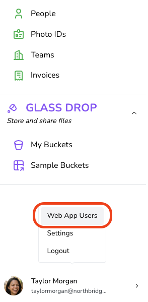 Sidebar menu of a file sharing app with options like People, Photo IDs, Teams, Invoices, and Glass Drop. Dropdown shows Web App Users highlighted.