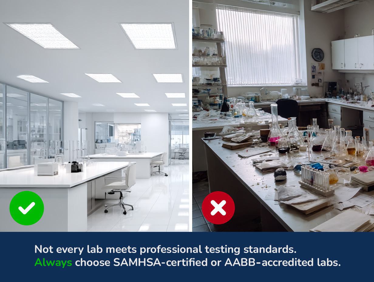 Choose Certified Labs Comparison of a clean, organized laboratory on the left with a messy, disorganized lab on the right. Text advises choosing SAMHSA-certified or AABB-accredited labs.