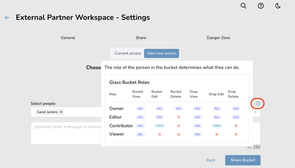 External Partner Workspace Settings Settings interface for External Partner Workspace Bucket showing Glass Bucket Roles with permissions for Owner, Editor, Contributor, and Viewer.