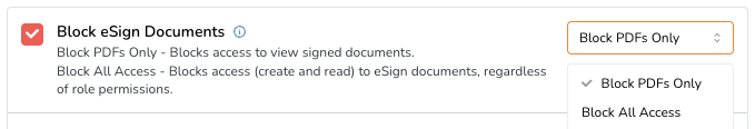 Block eSign Documents Settings for blocking eSign documents with options to block PDFs only or all access.