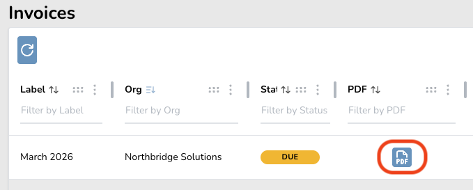 Invoice interface showing March 2026 invoice from Northbridge Solutions marked as due with a PDF download icon highlighted.