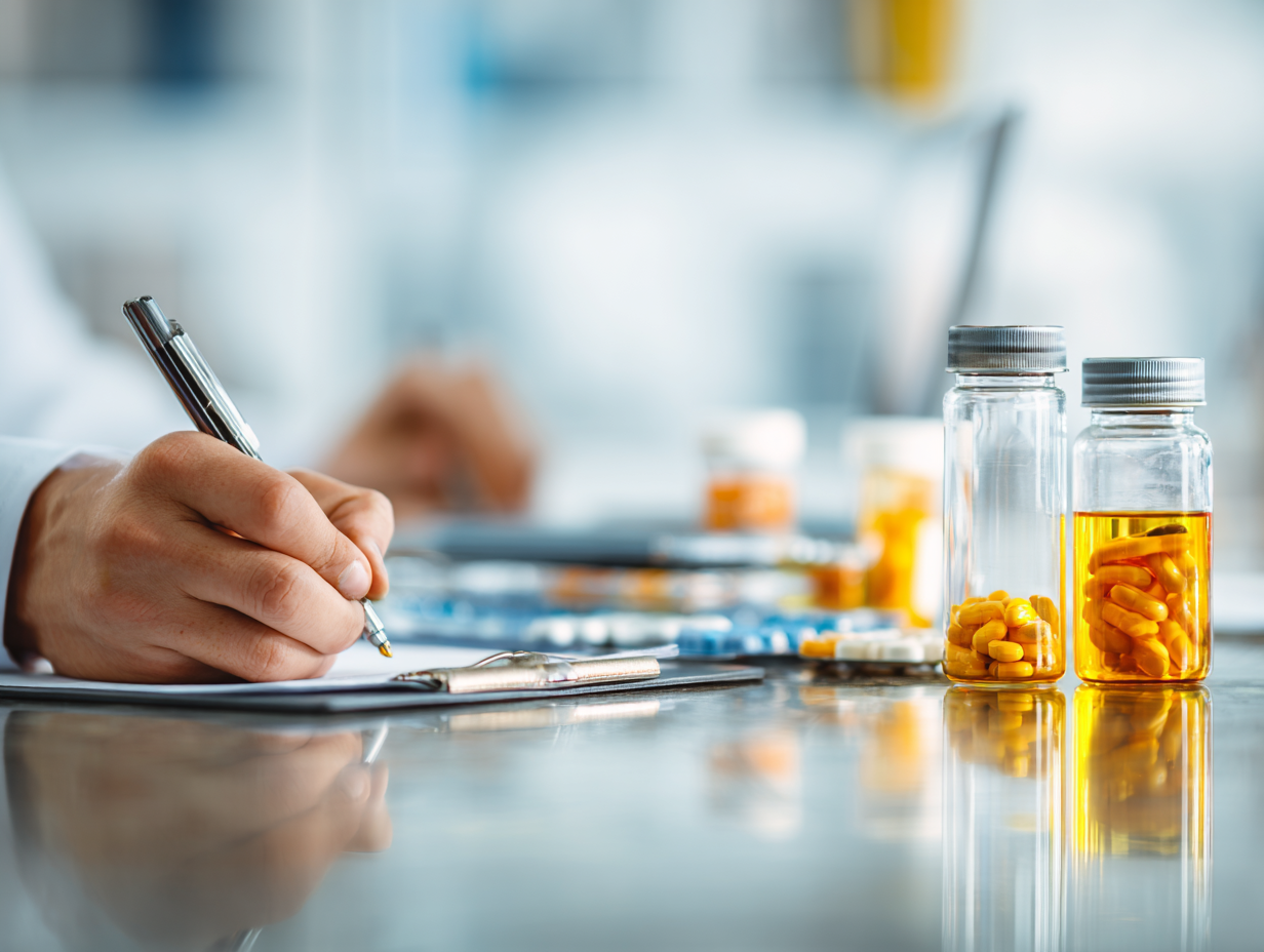 Workplace Drug Testing Programs: How to Build a Compliant Employer Policy Doctor writing on clipboard with pill bottles and tablets in the background.