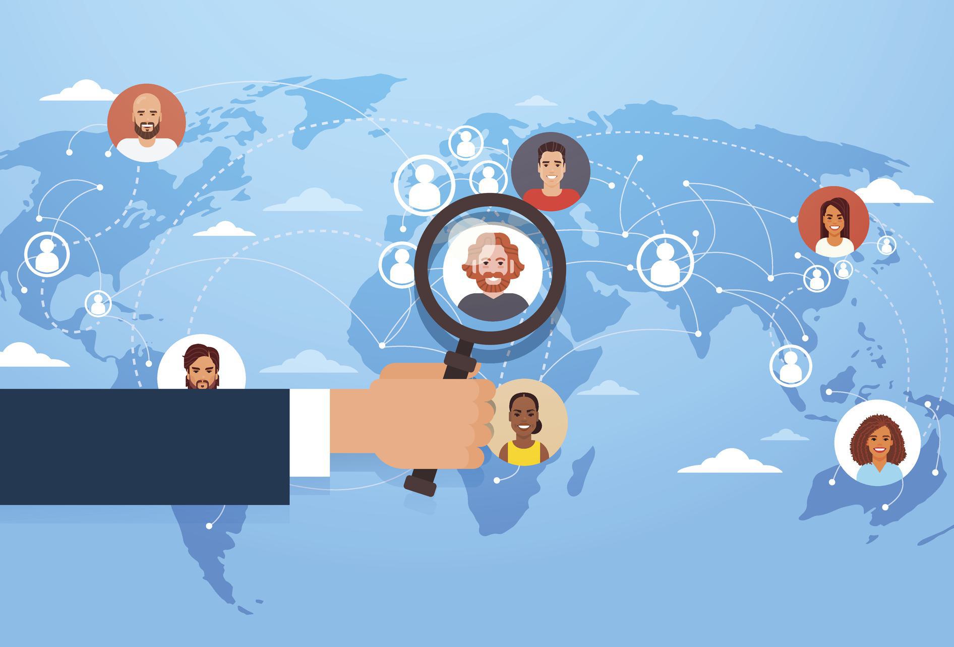 Global Networking Illustration Illustration of a global network with diverse people connected across continents, featuring a magnifying glass highlighting one individual.