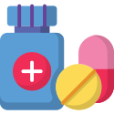 Illustration of a medicine bottle with pills, including a round yellow tablet and a pink capsule.