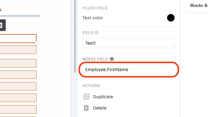 Interface showing text color options and merge field labeled Employee.FirstName.