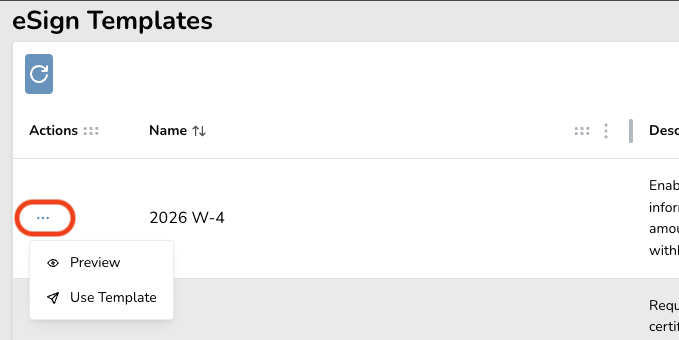 eSign Templates interface showing options for a 2026 W-4 template with actions menu open.