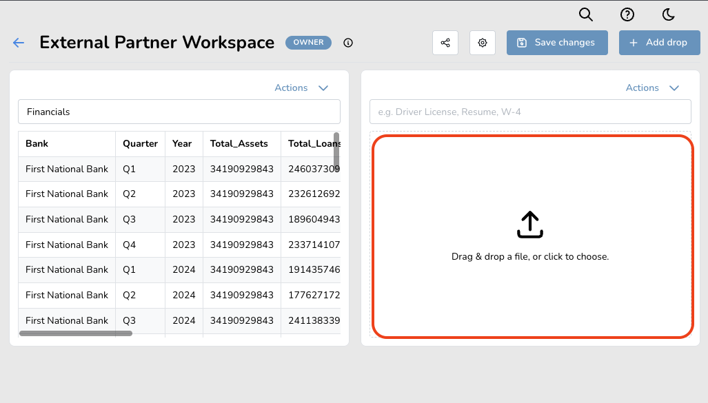 External Partner Workspace bucket showing a financial table with bank data and a file upload area.