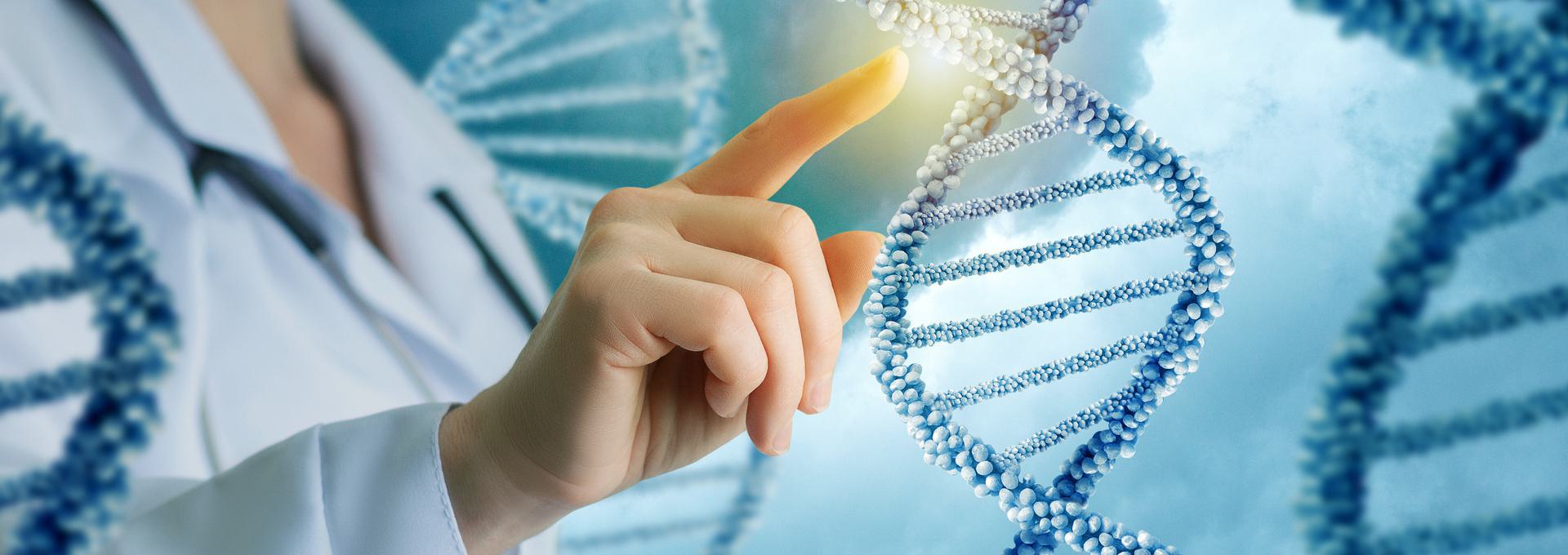 Close-up of a hand reaching towards a digital representation of DNA strands, symbolizing maternity DNA testing.