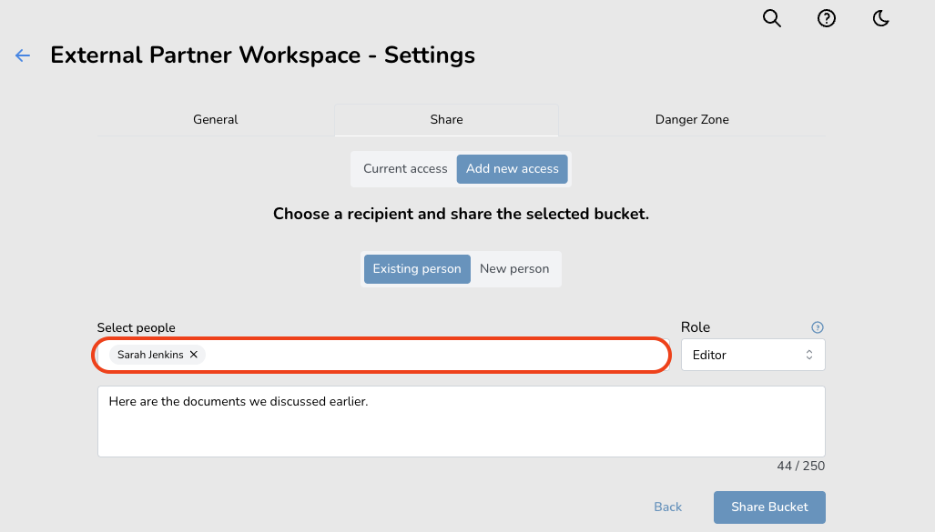 External Partner Workspace Settings Settings page for External Partner Workspace Bucket showing options to add new access, select people, and assign roles.