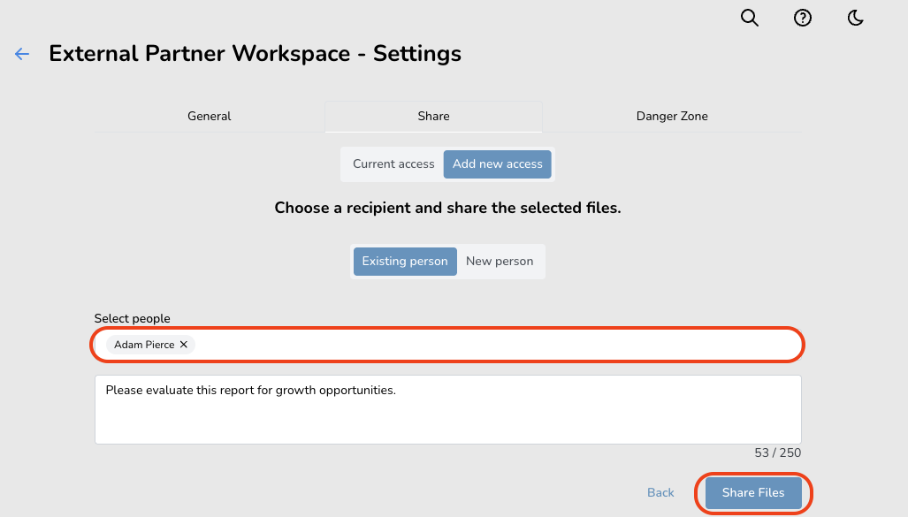 Share Files Settings External Partner Workspace bucket settings page showing options to share files with a selected recipient named Adam Pierce.