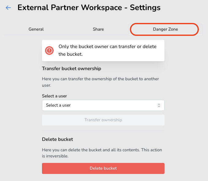 Danger Zone Settings Settings page of External Partner Workspace showing Danger Zone tab with options to transfer bucket ownership and delete bucket.