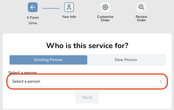 User interface screen showing options to select an existing or new person for a service, with a dropdown menu highlighted.