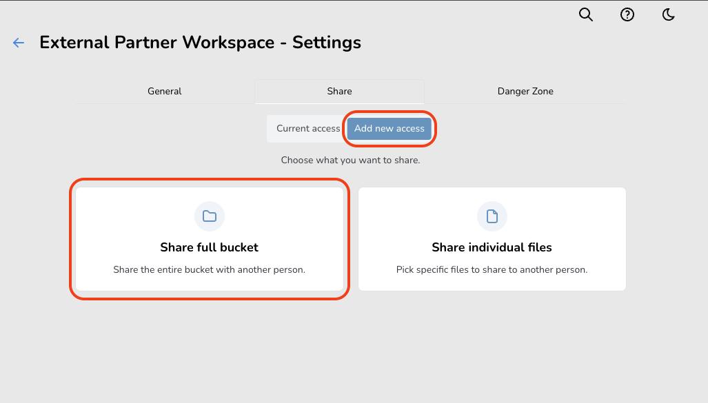 Add new access External Partner Workspace Bucket settings page showing options to share full bucket or individual files with 'Add new access' button highlighted.