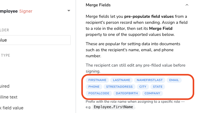 Screenshot showing merge fields options such as FIRSTNAME, LASTNAME, EMAIL for pre-populating document data.
