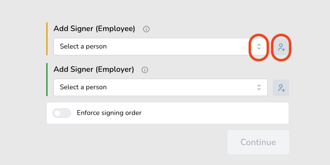 Interface for adding signers with options to select employee and employer, featuring icons for adding individuals.