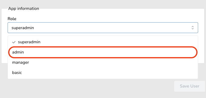 Role Selection Menu Dropdown menu showing role selection with 'admin' highlighted in red.