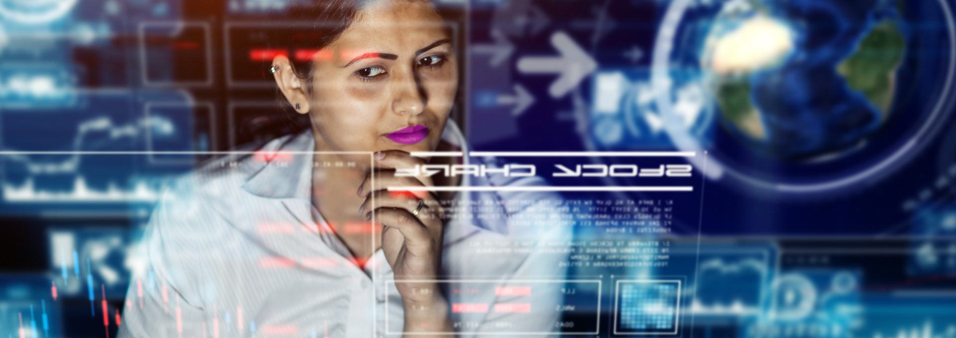 Do Not Fly List - Terrorism Registry Woman analyzing digital data with futuristic interface overlay.