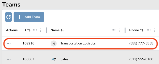 Highlighted entry for Transportation Logistics team in a list of teams.