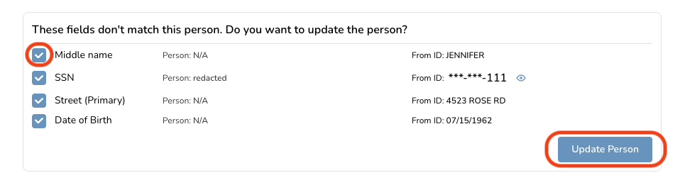 Update Person Information Interface showing fields to update a person's information, including middle name, SSN, street address, and date of birth with checkboxes selected.