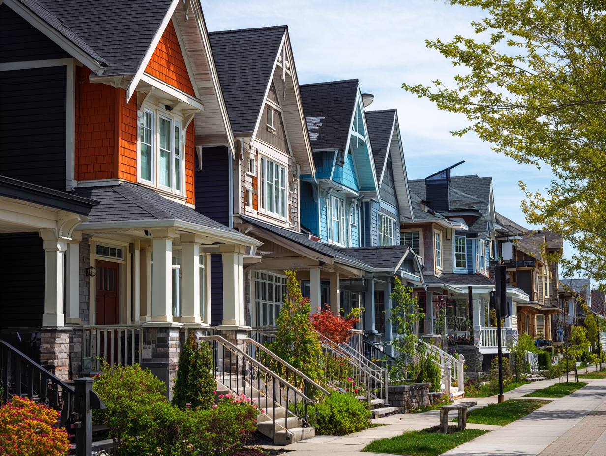 Row of colorful suburban houses with front porches and landscaped gardens on a sunny day.