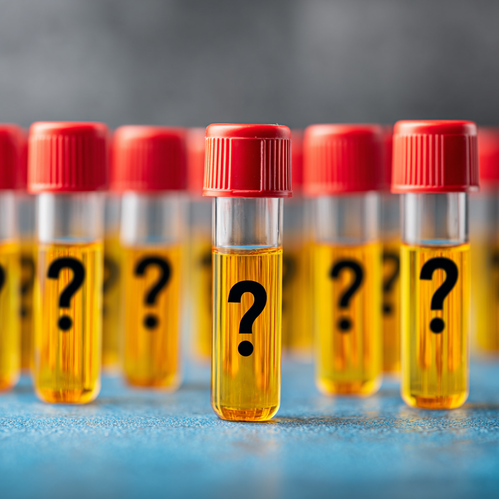 10 panel drug screen Row of test tubes filled with urine and question marks, red caps on a blue surface.