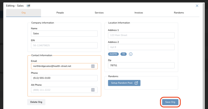 User interface showing organization editing form with fields for company information, location, and contact details. Save Org button highlighted.
