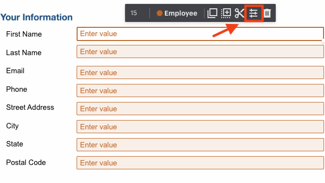 Form fields for entering personal information such as first name, last name, email, phone, street address, city, state, and postal code. An arrow points to an icon for configuring properties.