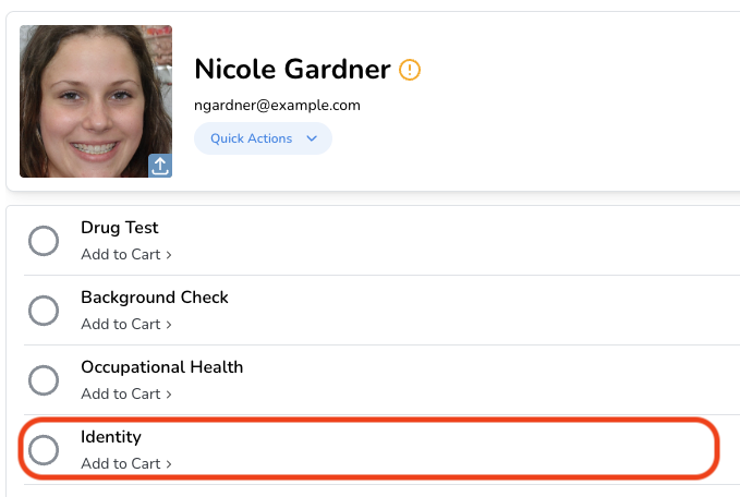 Profile interface with options for drug test, background check, occupational health, and identity verification.